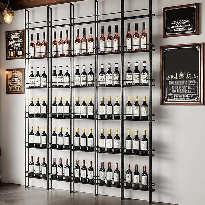 Wine Racks Wall Mounted, 6-Tier Wine Storage Holder, Black Industrial Bar Liquor Bottle Display Shelf, for Home Bar, Kitchen, Dining Rooms, & Wine Cellars (Black, 4 Column)