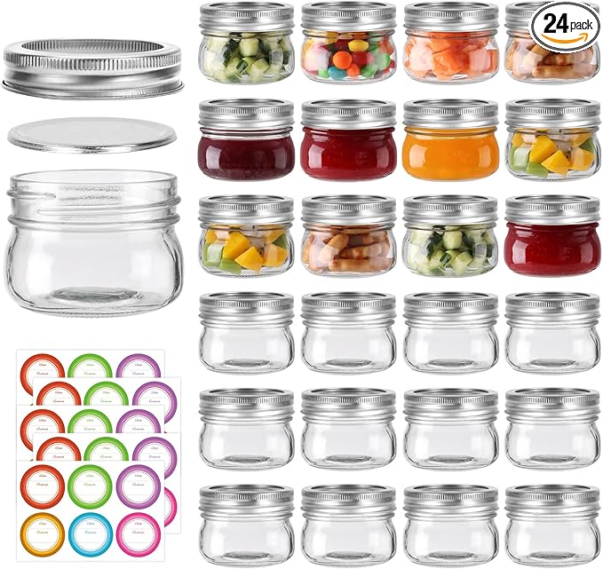 4 oz Mason Jars With Silver Lids and Bands, 24 Pack Regular Mouth Canning Jars for Jam, Honey, Yogurt, Candy, Spices, Snacks, DIY Projects, Wedding Favors- Includes 30 Stickers