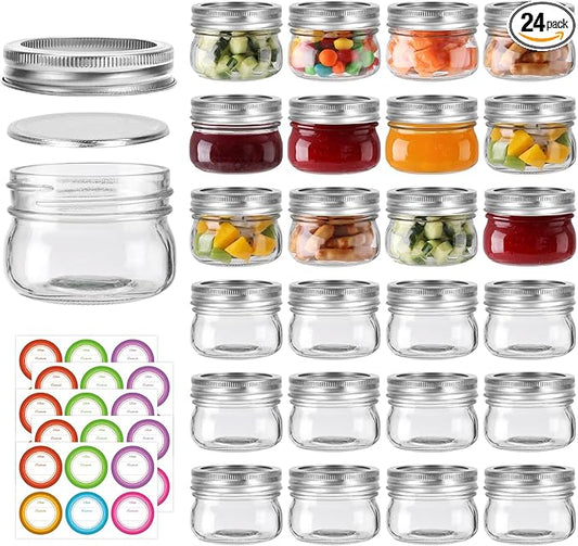 4 oz Mason Jars With Silver Lids and Bands, 24 Pack Regular Mouth Canning Jars for Jam, Honey, Yogurt, Candy, Spices, Snacks, DIY Projects, Wedding Favors- Includes 30 Stickers