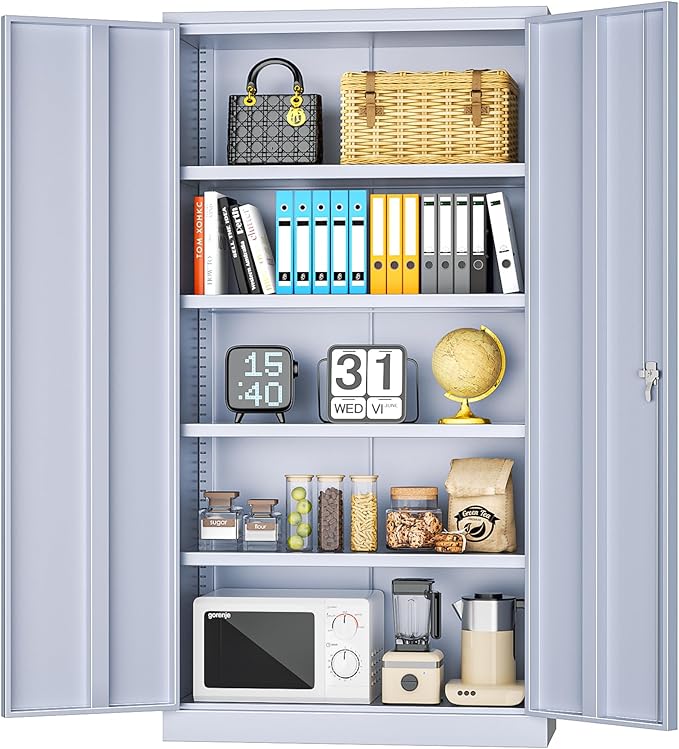 INTERGREAT Metal Storage Cabinets 72” Cement Grey Garage Steel Storage Cabinet with Doors and Shelves, Steel File Cabinet for Home Office, Basement, Warehouse, Classroom（Anti Tipping）