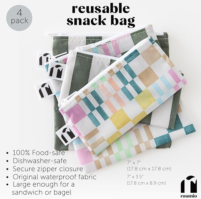Roamio Reusable Sandwich and Snack Bags, for Kids School Lunch and for Adults Portion, Washable Fabric, Waterproof Cloth Zip Bag, Pack Travel Pouch, Food-Safe, 4-pack Set Green Stripe and Multi Check
