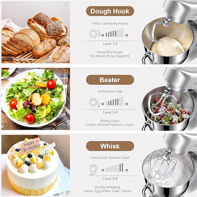 Stand Mixer, Zuccie 4.8QT Kitchen Electric Stand Mixer, 380W Motor Power Food Mixer, 8+P-Speed Dough Mixer with Dough Hook, Wire Whip & Beater, Silver