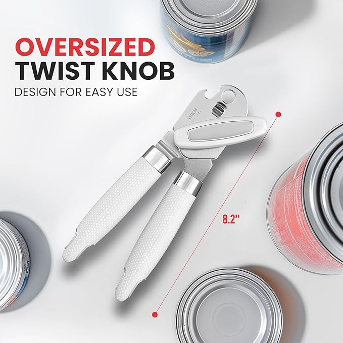 Zulay Kitchen Heavy Duty Stainless Steel Can Opener Manual with Large Bottle Opener - Manual Can Opener with Turn Knob with Soft Grip Handles - White