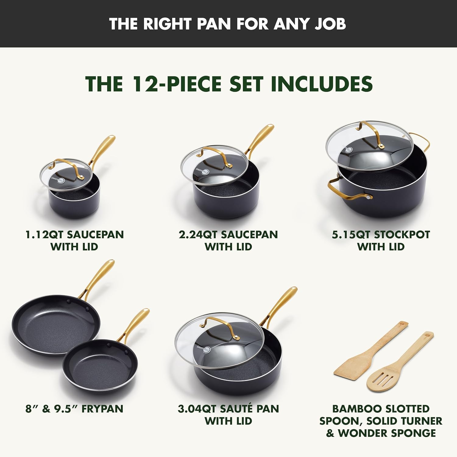 GreenPan 12 Piece Nonstick Swift Cookware Set, Ceramic PFAS-Free Pots & Pans with Lids, Dishwasher & Oven/Broiler Safe to 600F, Kitchen Cooking Set, Sauce, Saute, Stock, Frying Pans, Black/Gold