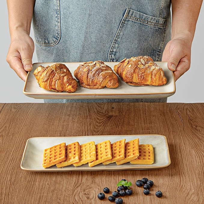 famiware Serving Platter, Rectangular 15.67/14.1/12.6 inch Serving Dishes for Entertaining, Microwave Dishwasher Safe, Stonware Serving Trays for Party, Turkey, Cheese, Ocean Series, Cappuccino White
