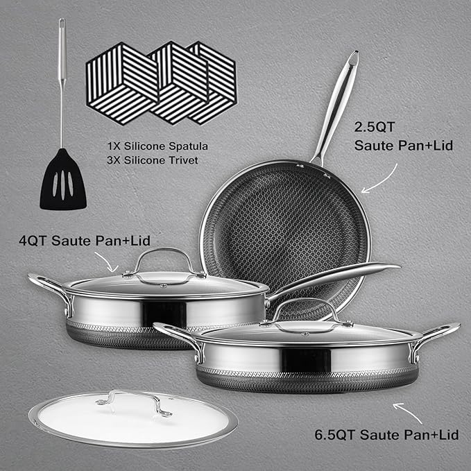 Hybrid Stainless Steel Pots and Pans Set Non Stick 10 Piece Tri-play Nonstick Cookware Sets Non-toxic Saute Pan with Tempered Glass Lids,Stay Cool Handles,Induction Dishwasher&Oven Safe