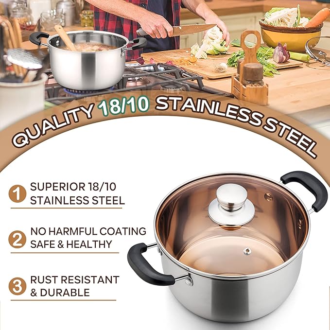 LIANYU 4QT Stock Pot, Stainless Steel Soup Pasta Pot with See-Through Lid, Heavy Duty Stockpot for Strew Simmer Boiling, Heat-proof Handle, Dishwasher Safe