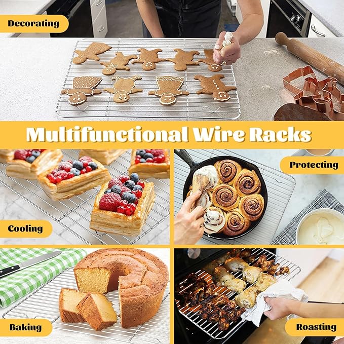 P&P CHEF Baking Cooling Rack Set for Cooking Roasting, 4-Piece Stainless Steel Wire Racks for Oven Use, Healthy & Dishwasher Safe, Rectangle, 15.3 Inch