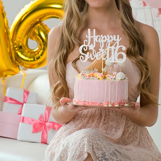 Gyufise 1Pc Happy Sweet 16 Cake Topper Sweet 16 Birthday Decorations Happy 16th Birthday Cake Decorations for Girls/Boys Silver Glitter