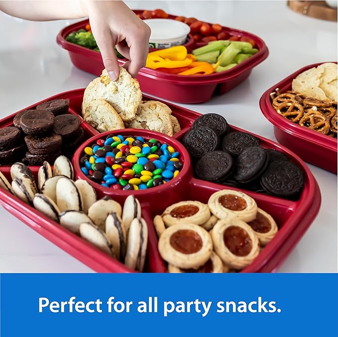 Buddeez Red Jumbo Divided Serving Tray - 6 Bins for Party Platter with Lid, Snackle Box Container, Appetizers, Desserts, Snacks & More