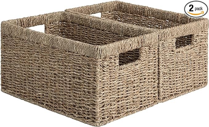 StorageWorks Wicker Storage Basket for Organizing, Medium Seagrass Storage Baskets with Built-in Handles for Pantry, Shelves,2-Pack