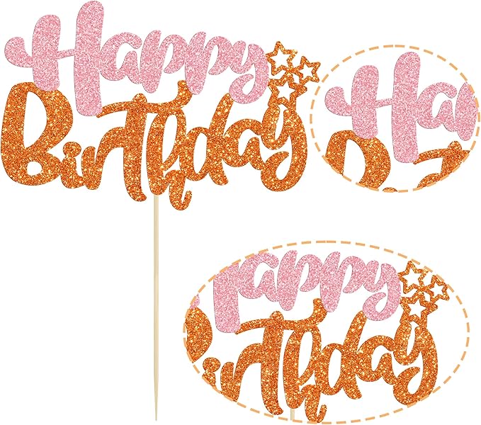 Ephlyn 1Pcs Happy Birthday Cake Topper Glitter Cake Pick for Celebrating Anniversary Party Cake Decorations Supplies Pink Orange