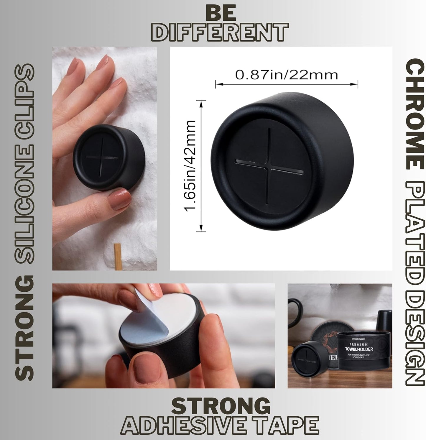 HEFA Towel Holder, 8 Pack Modern Kitchen Towel Hooks, Plastic, Chrome, Wall Mount, Towel Organizer, Kitchen and Bathroom Organization, 2 lbs Weight Capacity