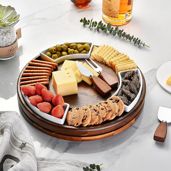 Shanik Lazy Susan Table Top Cheeseboard- Acacia Wood Rotating Serving Platter for Cheese, Charcuterie, and Appetizers, Elegant Serving Tray for Snacks, Entertaining, Parties and Family Gatherings