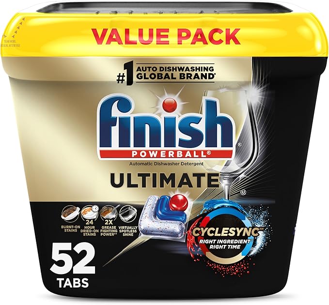 Finish Ultimate Dishwasher Pods, No Pre-Rinse Dishwasher Detergent Soap Removes Burnt-On Stain, with CycleSync Technology, Degreasing & Scrubbing Power, 52 Count (Packaging may vary)