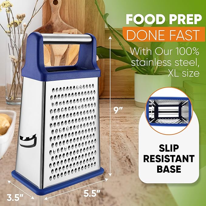 Spring Chef Stainless Steel XL Parmesan Cheese Grater with Handle - 4 Sided Metal Box Grater for Kitchen - Dishwasher Safe Potato Shredder for Hash Browns, Potato, Carrot, Vegetables - Sapphire