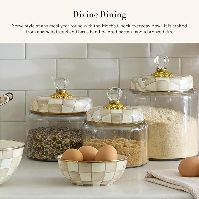 MACKENZIE-CHILDS Enamel Everyday Bowl, Serving Bowl for Entertaining, Extra Small, Brown-and-White Mocha Check