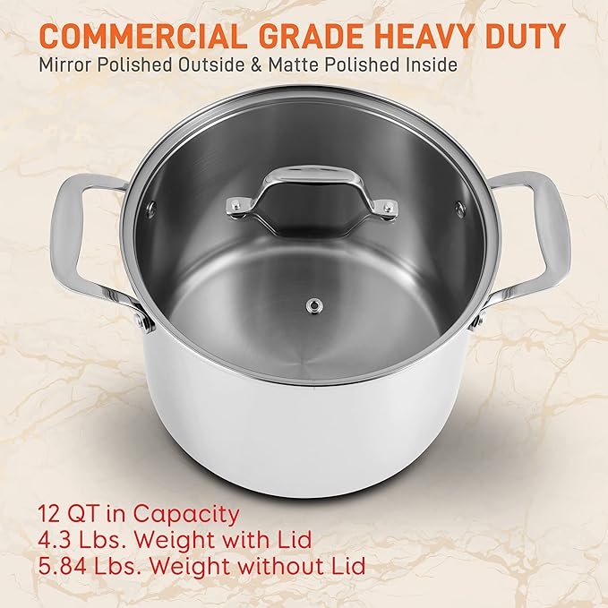 NutriChef 12-Quart Stainless Steel Stock Pot - 18/8 Food Grade Stainless Steel Heavy Duty Induction - Large Stockpot for Stews, Simmering & Soups with See Through Lid, Dishwasher Safe - NCSP12