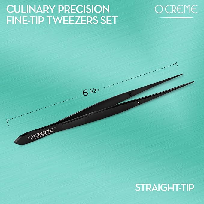 O'Creme Stainless Steel Precision Kitchen Tweezer Tongs 6.25" with Fine Tip (Black)