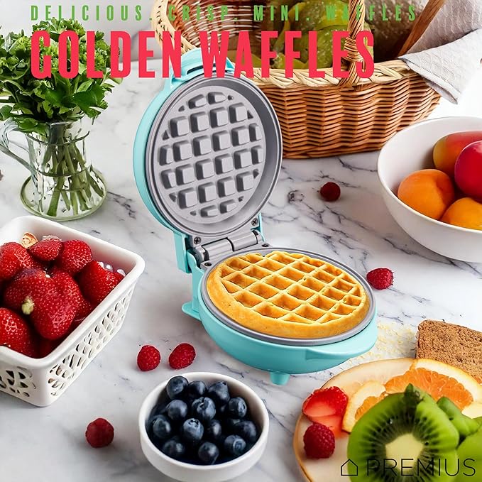 Ceramic Nonstick Mini Snack Waffle Maker, 4” Mold, Quick Heat for Crispy Waffles, French Toast, Tuna Melt, Egg & Grilled Cheese, Sandwiches for Kids & Family, Just Add Batter (Turquoise)