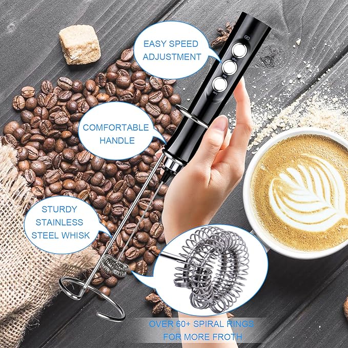 WanderLand Rechargeable Handheld Milk Frother Wand for Coffee,Drink Mixer with Stainless 2 Whisks, Electric Whisk 3 Speeds Adjustable, for Latte, Cappuccino, Hot Chocolate （Black）