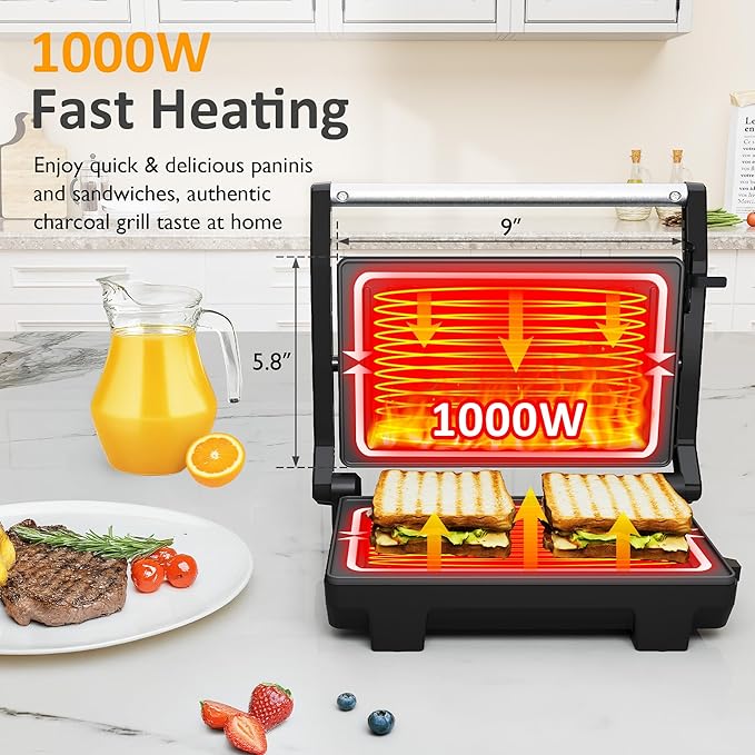 Sunvivi Panini Press Sandwich Maker: Electric Panini Press Grill with Locking Lid, Portable Indoor Panini Maker with Nonstick Plates, 1000W Double-sided Grill with 180° Flat Opening, Easy to Clean