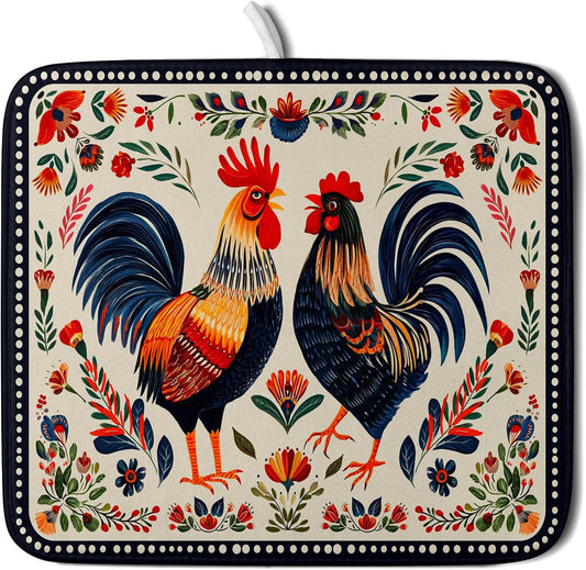 Roosters Chicken Dish Drying Mat for Kitchen Counter Absorbent Microfiber Drying Pad 16 x18 In