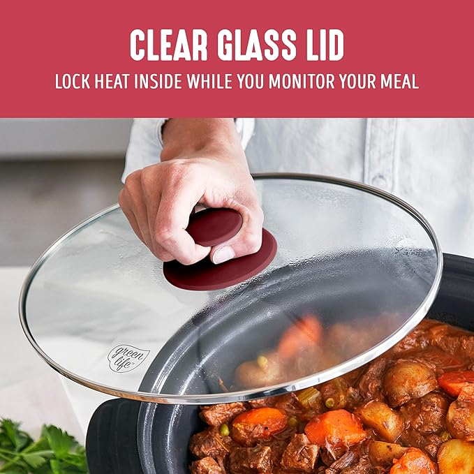 GreenLife 6QT Slow Cooker, Non-Toxic PFAS-Free Ceramic Nonstick Removable Interior Bowl, Programmable, Family Friendly, Keep Warm, Stovetop & Oven Safe, Dishwasher Safe Parts, Timer, Glass Lid, Red