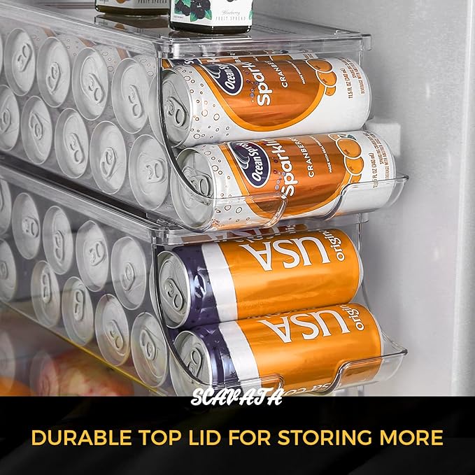 4 Pack Skinny Can Organizer for Refrigerator, Stackable Tall Skinny Soda Pop Can Holder Dispenser with Lid for Fridge Pantry Rack Freezer, Clear Plastic Storage Bins-Holds 12 Slim Cans Each