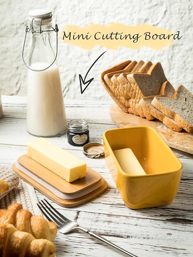 Covered Butter Dish with Lid, Large Butter Dishes for Countertop, Yellow Butter Holder with Airtight Seal Butter Container for East West Coast Butter, HoneyBee Table Decor