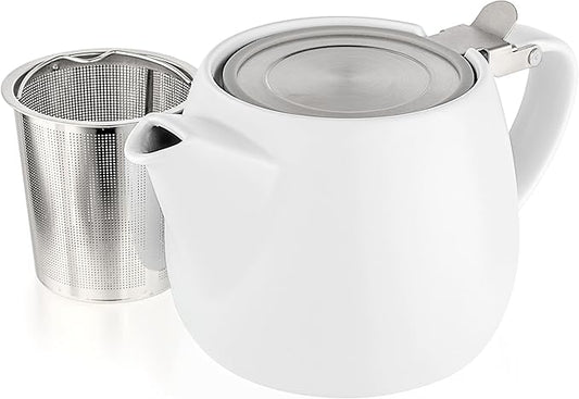 Tealyra - Pluto Porcelain Small Teapot White - 18.2-ounce (1-2 cups) - Matte Finish - Stainless Steel Lid and Extra-Fine Infuser To Brew Loose Leaf Tea - 540ml
