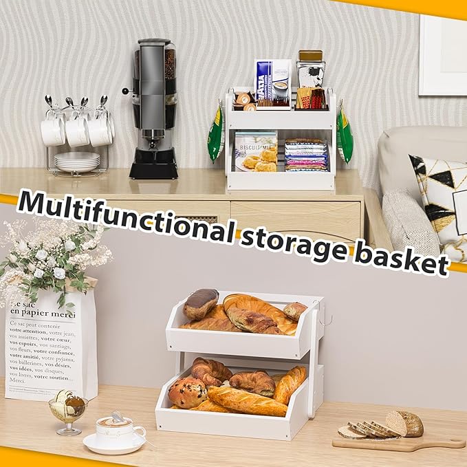 Bamboo Fruit Basket for Kitchen - 2 Tier Fruit Bowl, Large Holder With Banana Hangers, Idea For Vegetable Storage, Bread Display, Snack Organizer (White)