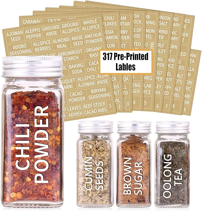 SWOMMOLY 48 Glass Spice Jars with 713 Spice Labels, Chalk Marker and Funnel Complete Set. 48 Square Glass Jars 4OZ, Airtight Cap, Pour/sift Shaker Lid