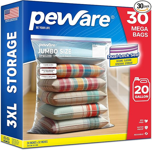 Large Storage Bags, 24"x32" Jumbo Plastic Bag, BPA Free, 20 Gallon 3XL Zipper Lock Baggies for Clothes Pillow Travel Moving - 30 Mega Bags