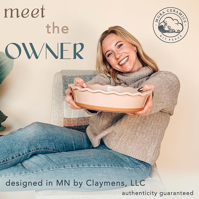 Mora Modern Farmhouse Style Ceramic Pie Pan - Deep and Fluted Dish - 9 Inch - Baking Pies: Apple, Quiche, Pot Pies, Tart