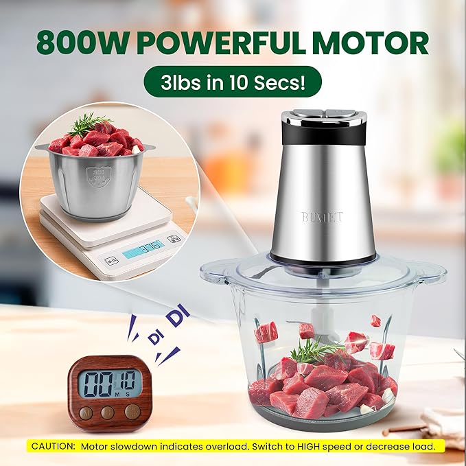 Electric Food Processor Meat Grinder 800W 2x12cups LED Timer Electric Food Chopper Vegetable chopper 3 layers 6 blades for Mincing Puree for home use kitchen aid for pet food,baby food by BUMET