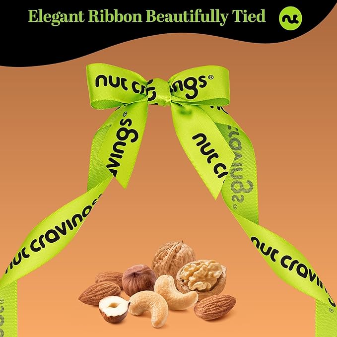 NUT CRAVINGS - Mixed Nuts Gift Basket in Reusable Diamond Wooden Tray + Green Ribbon (12 Assortments) Food Arrangement, Healthy Snack Care Package, Food Assortments