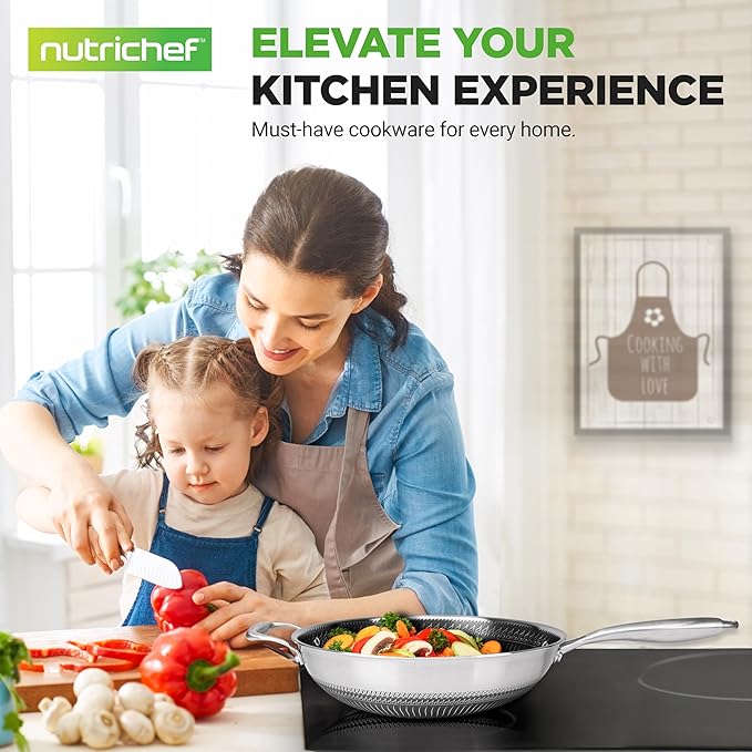 NutriChef 7-Piece Tri-Ply Stainless Steel Frying Pan Set & Wok – Nonstick, Induction Compatible, Oven Safe, Scratch-Resistant, Dishwasher Safe