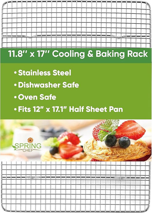 Spring Chef 11.8" x 17" Stainless Steel Cookie Cooling Rack - Oven Safe - Baking Rack for Bacon, BBQ, Jerky, Bread, Pizza, Cake - Fits Half Sheet Roasting Pan - Dishwasher Safe