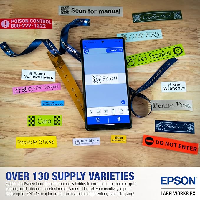 LABELWORKS Epson LW-C410PX Portable Bluetooth Label Machine Printer for Home and Office – Efficient, Create Sticker Labels for Crafts and Organization, Designer Tape Supported, App Compatible