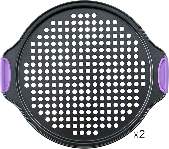Amazing Abby - Chef Stacy - 2-Pack 13-Inch Non-Stick Pizza Pan with Holes, Perforated Pizza Crisper with Heat-Resistant Silicone Handle Grips, Oven-Safe Bakeware, Carbon Steel Baking Pan for Oven