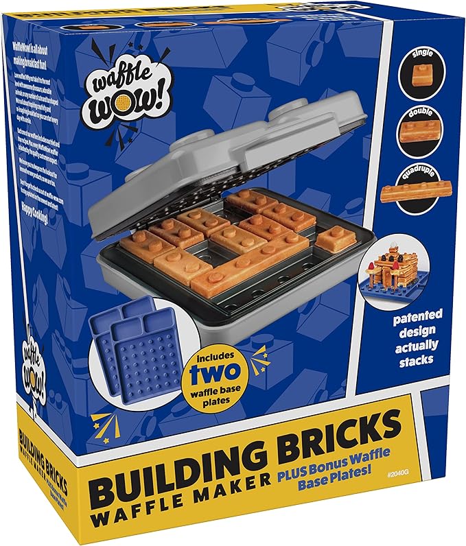 Waffle Wow! Building Brick Electric Waffle Maker - GREY with 2 Construction Eating Plates - Cook Fun Buildable Waffles in Minutes- Revolutionize Breakfast - Stack & Build on Serving Dishes Great Gift