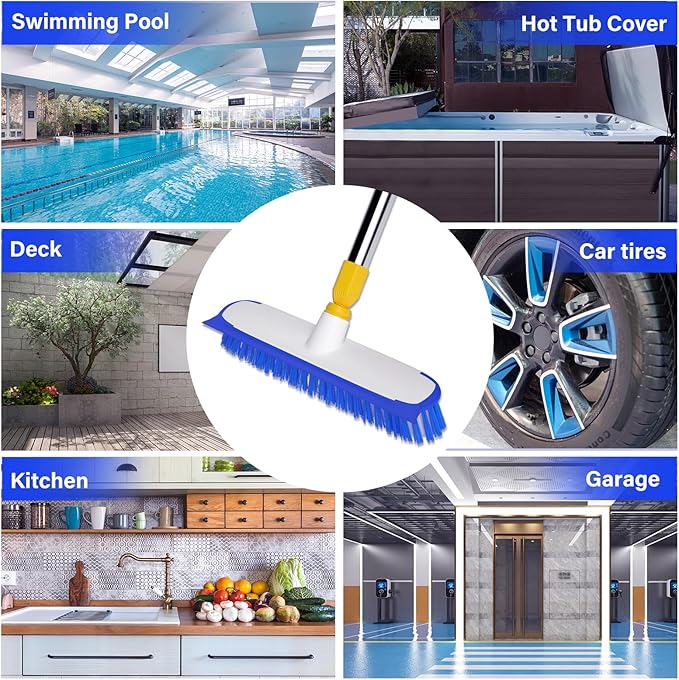 ITTAR 12" Wide Floor Scrub Brush with Long Handle, 2-in-1 Deck Cleaning Brush with 55" Extendable Pole, Heavy-Duty Tub Tile Scrubber Cleaner Brush for Shower Floor, Kitchen, Patio, Garage, Restaurant