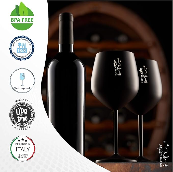 Gusto Nostro Stainless Steel Wine Glass - 18 oz - Unbreakable Black Wine Glasses for Travel, Camping and Pool - Fancy, Unique and Cool Portable Metal Wine Glass for Outdoor Events, Picnics (Set of 2)