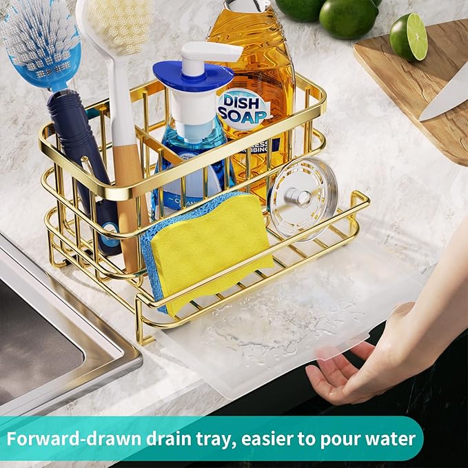 HapiRm Multifunctional Kitchen Sink Organizer with Removable Drain Tray, Quick Draining Rustproof Sink Caddy, Stainless Steel Kitchen Sponge Holder for Holds Sponge, Cleaning Towel and Scrubber - Gold