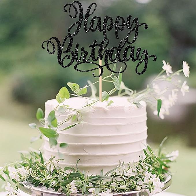 ZHUOWEISM 1 PCS Happy Birthday Cake Topper Glitter Happy Birthday Cake Pick Bunting Decor for Anniversary Celebrating Happy Birthday Party Cake Decorations Supplies Black