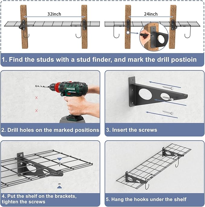 WALMANN 2 Pack Garage Wall Shelves, 1 x 4 ft/12 * 48 inch Wall Mounted Storage Shelves for Garage Heavy Duty Floating Shelving, Holds Up to 220 lbs(Black)