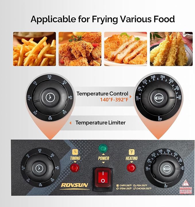 ROVSUN 24.9QT Electric Deep Fryer with Baskets, Timer Drains & Lids, 3400W Commercial Deep Fryer, Dual Tank Kitchen Countertop Frying Machine, Adjustable Temperature for Home Restaurant