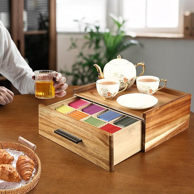 Acacia Wood Tea Bag Organizer - 12-Compartment Capacity Tea Box Organizer Storage Box with Drawer, Tea Accessories for Tea Bags Storage Drawer, Tea Station for Countertop