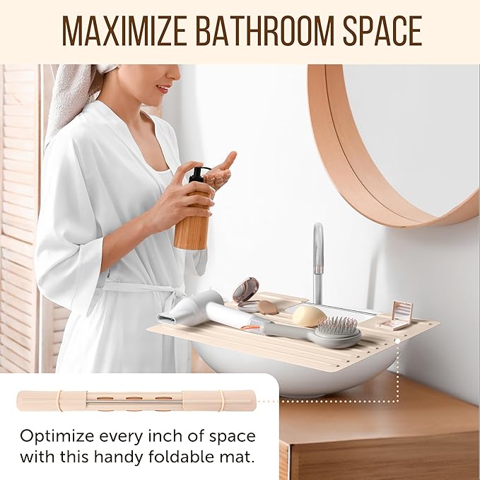 Maplefield Bathroom Sink Mat Cover - Small Beige Silicone - Heat Resistant up to 400°F - Foldable Oval Sink Cover & Makeup Mat with Raised Ridges